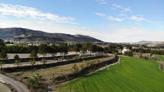 Los bancales de piedra y la Serra de Mariola al fondo