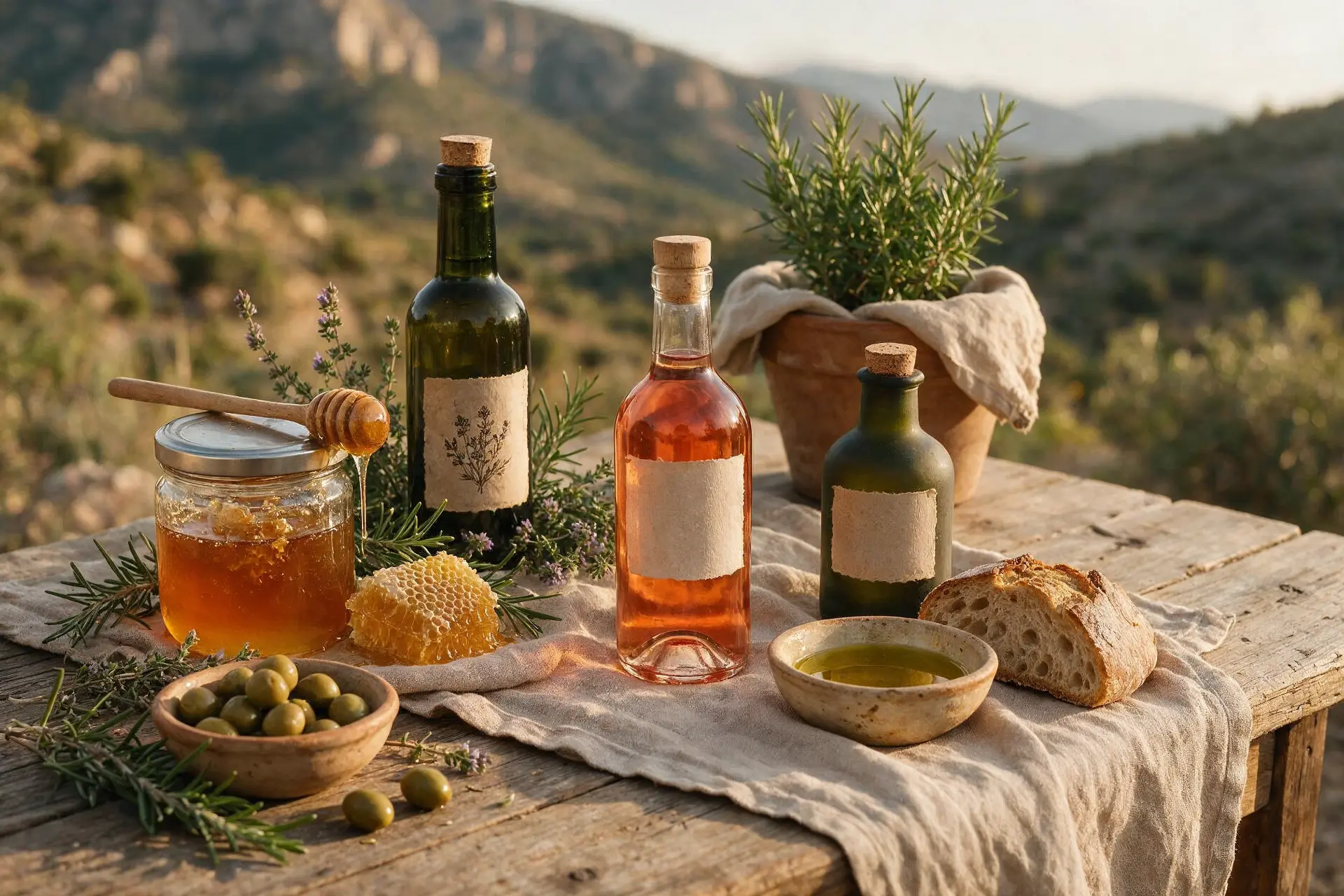 Miel, aceite de oliva, licor de hierbas, pan y olivas de la zona