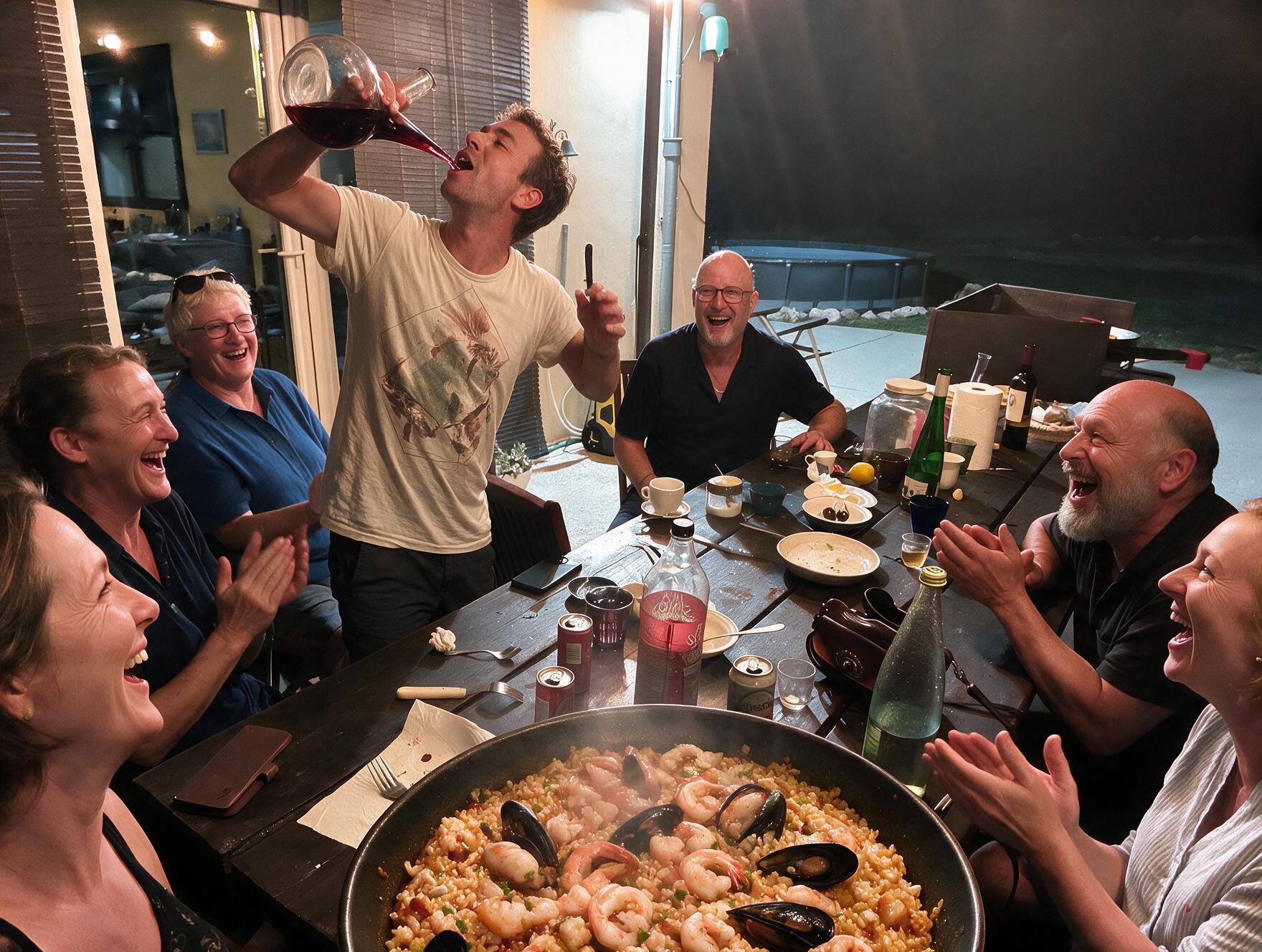 Sobremesa y brindis alrededor de la paella